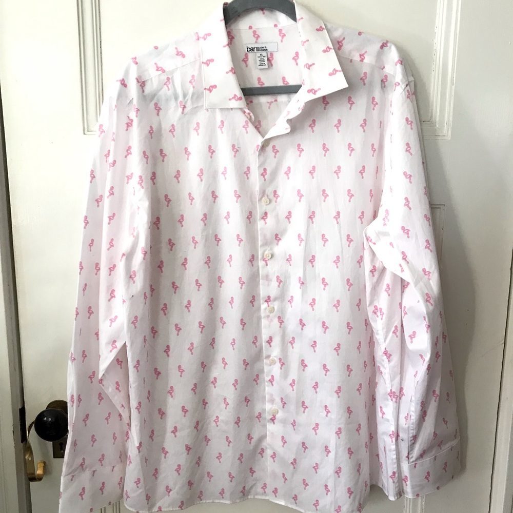 Bar III White Organic Cotton Neon Pink Flamingo Print Shirt